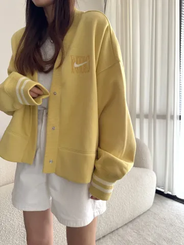 나이키 ﻿﻿피닉스 플리스 여성 스트라이프 커프 옐로우 스냅버튼 가디건