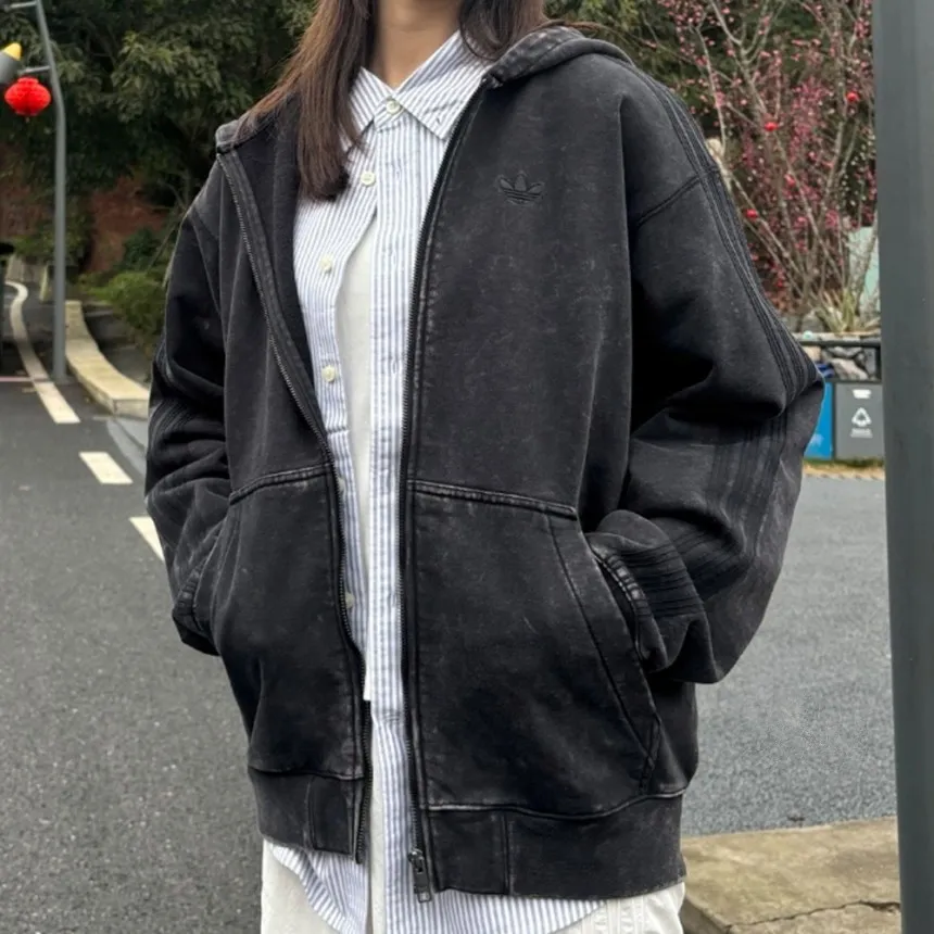 아디다스 오리지널 피그먼트 워싱 후드 집업 자켓 워시드 블랙 KA2315