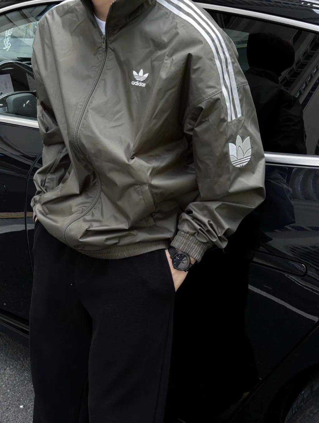 아디다스 트레포일 3 스트라이프 바람막이 트랙탑 져지 자켓 카키 그린 JI7534