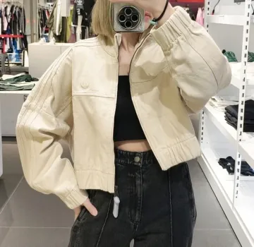 아디다스 에센셜 하이넥 집업 크롭 데님 자켓 아이보리 IW5748