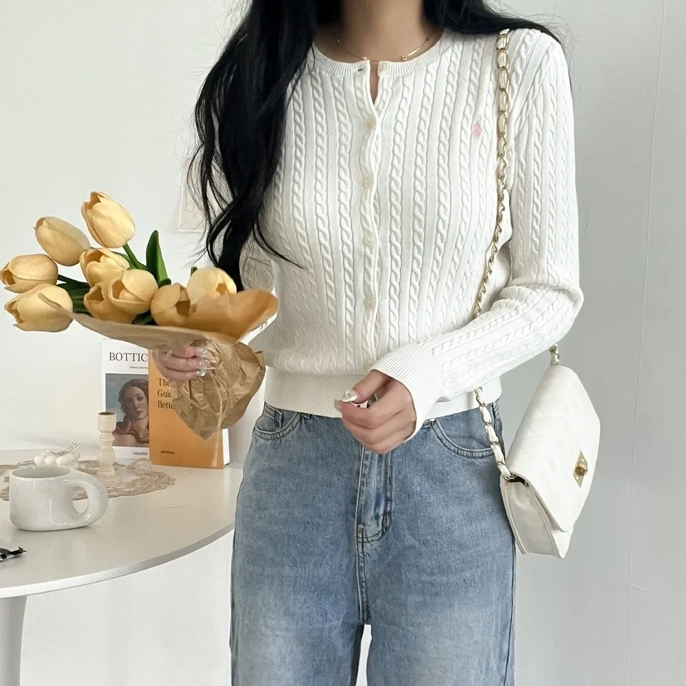 폴로 랄프로렌 Girls 걸즈 크림 케이블 꽈배기 가디건