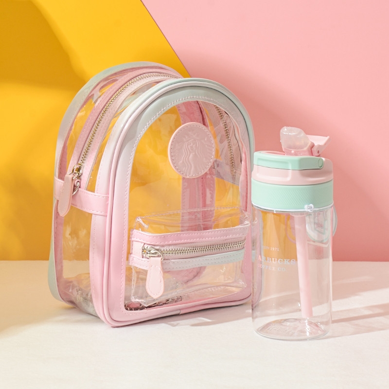 <b>스타벅스</b> [해외] <b>스타벅스</b> 중국 <b>2021</b> 썸머MD 7차 핑크 그라데이션 시리즈 백팩모양 스틸스트랩 파우치+캄부카 콜라보 PP소재 흘림방지 빨대 <b>텀블러</b> 400ml