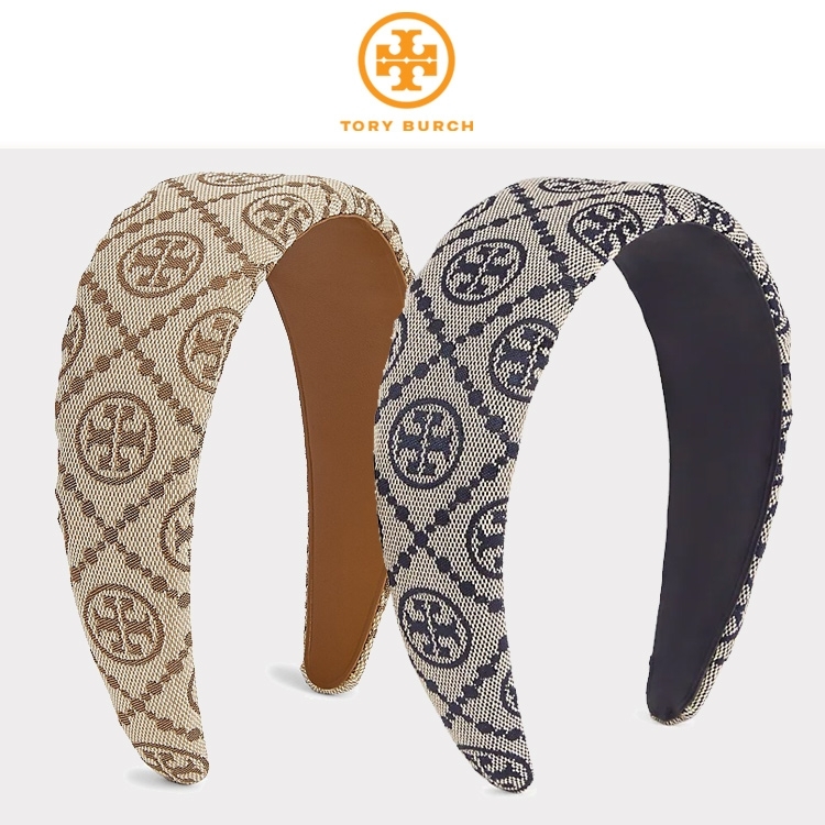 Tory Burch New T Monogram Canvas Leather Headband Hazel Logo $129 Tory Burch T Monogram Wide Canvas Headband Hazel main image 2